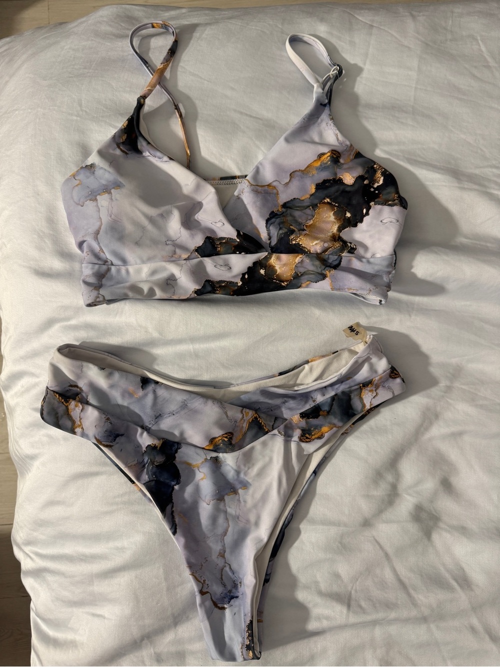 Shein Women’s Marble-Print Bikini Set in White Lavender and Gold